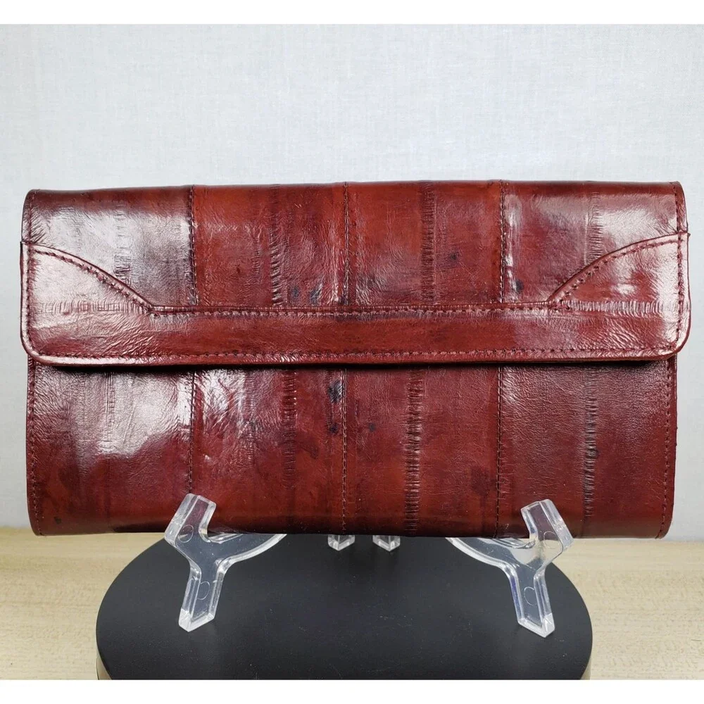 Vintage Eel Skin Burgundy  Wallet Check Book Cover Snap 7